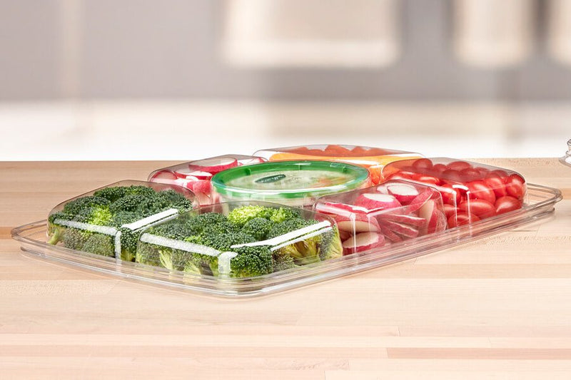 80 oz. Two-Piece 6 Compartment Platter with Center Dip Cup - #PLQ80C6R