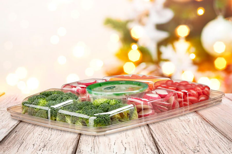 80 oz. Two-Piece 6 Compartment Platter with Center Dip Cup - #PLQ80C6R