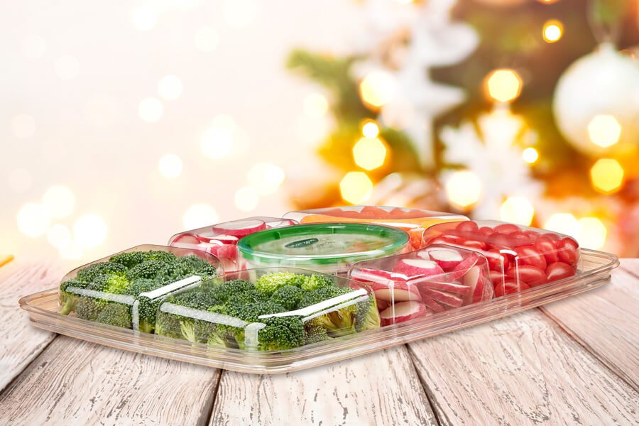 80 oz. Two-Piece 6 Compartment Platter with Center Dip Cup - #PLQ80C6R