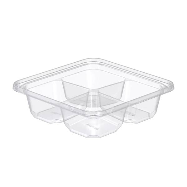 6" PET Plastic 4-Compartment Tamper-Evident/Resistant Clear Shallow Container - #SBTG4S