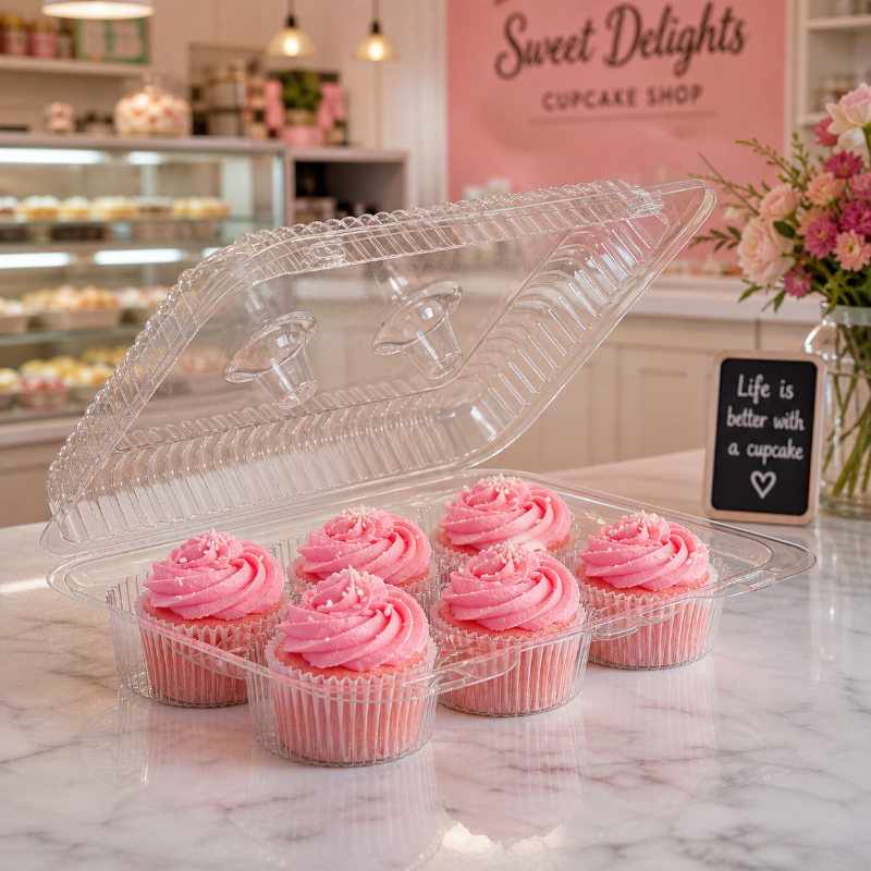 6-Count Rectangular Hinged PET Plastic Cupcake Container - #SLP36