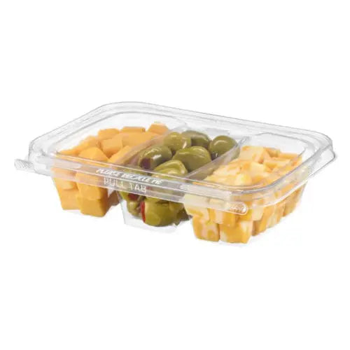 16 oz. 3-compartment deli container filled with cheese and olives TS16C3