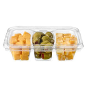 16 oz. 3-compartment deli container filled with cheese and olives.