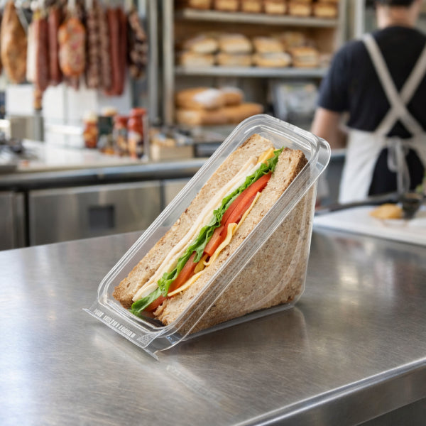 Envase tipo cuña tipo sándwich con tapa a prueba de manipulaciones Safe-T-Fresh ®