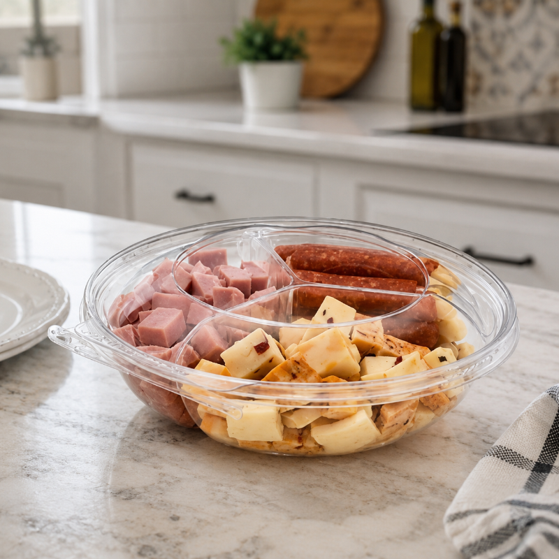 Safe-T-Fresh 52 oz. Tamper Evident 3-Compartment Clamshell Container - #TS52R3N