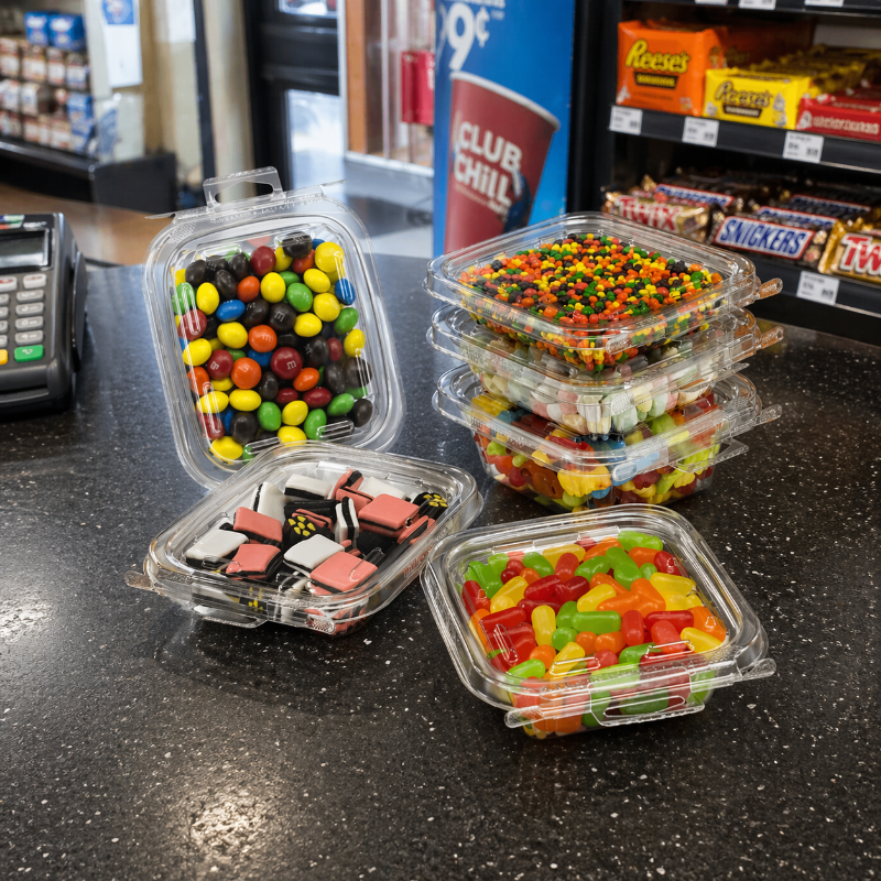 Safe-T-Fresh 6 oz. Tamper Evident Hangable Hinged Snack Container - #TS6T