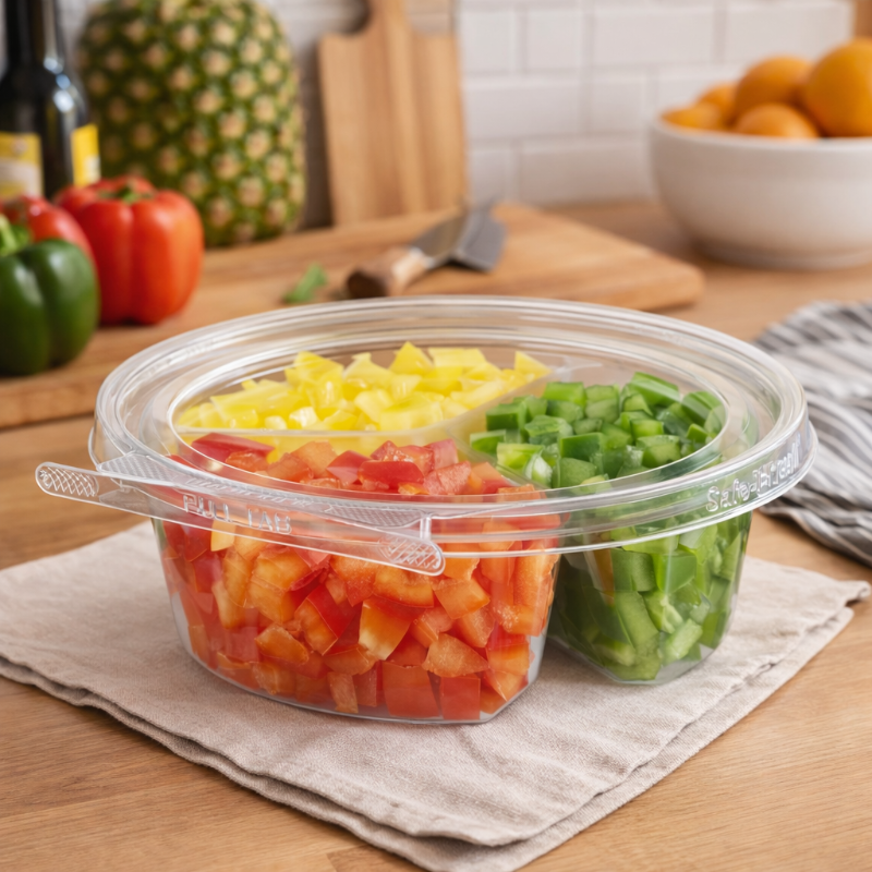 Safe-T-Fresh 7" Round Tamper Evident 3-Compartment Clamshell Tub - #TS7020C3