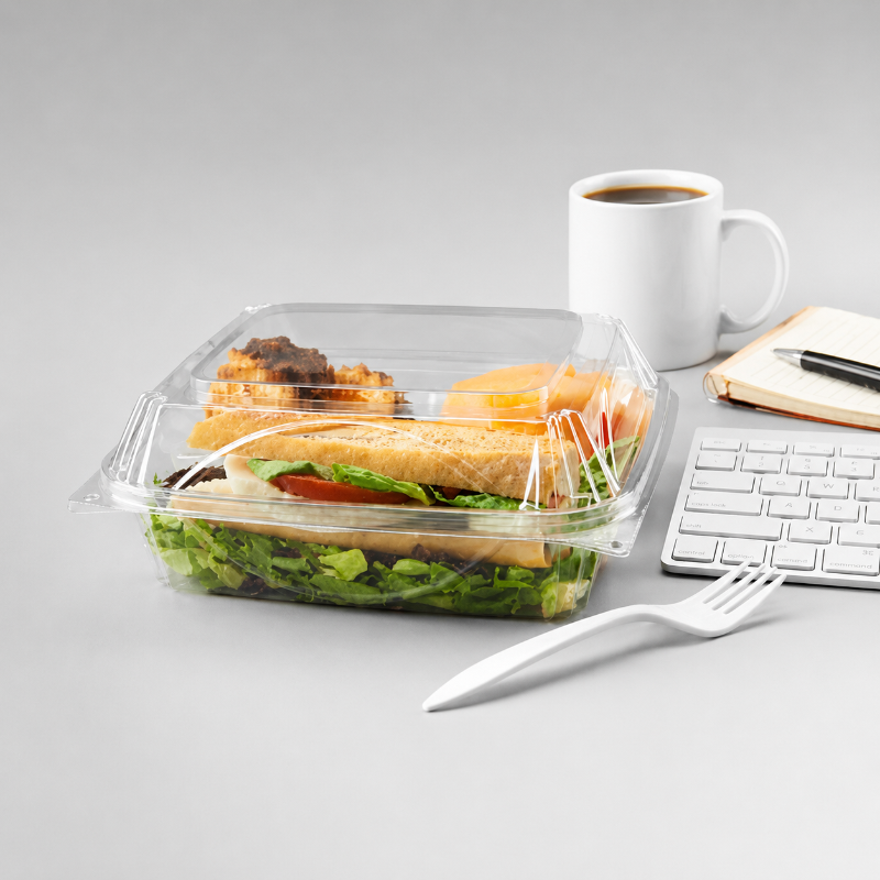 VisiblyFresh 9 x 9 Square 3-Compartment Plastic Hinged Deli Container - #VF8109