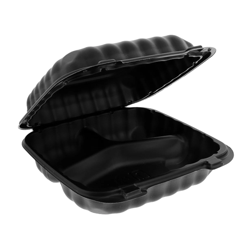 8" x 8" 3-Compartment Black MFPP Hinged Takeout Container - #YCNB08030000