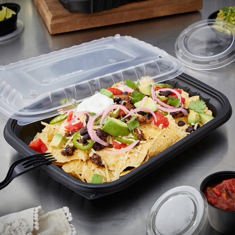 12" x 9" Entrée2Go 48 oz. PP Plastic Black Container - #YCNB12X94800