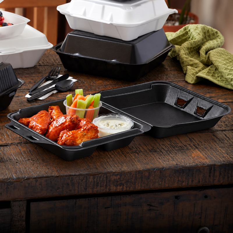 9 x 9.5" PS Foam SmartLock 3-Compartment Hinged Lid Container - #YHLB09030000