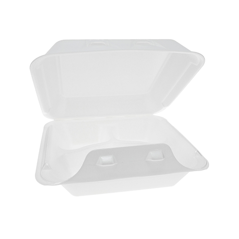 8" x 8" PS Foam SmartLock White 3-Compartment Hinged Takeout Container - #YHLW08030000