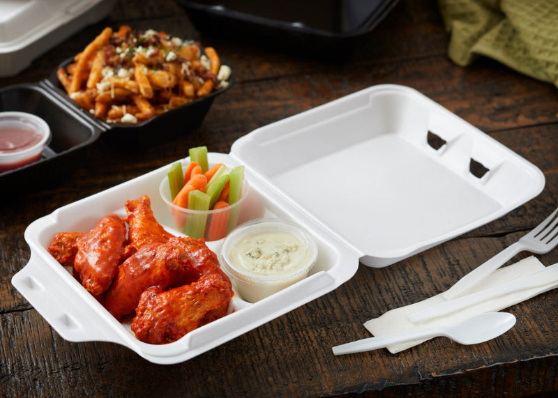 8" x 8" PS Foam SmartLock White 3-Compartment Hinged Takeout Container - #YHLW08030000