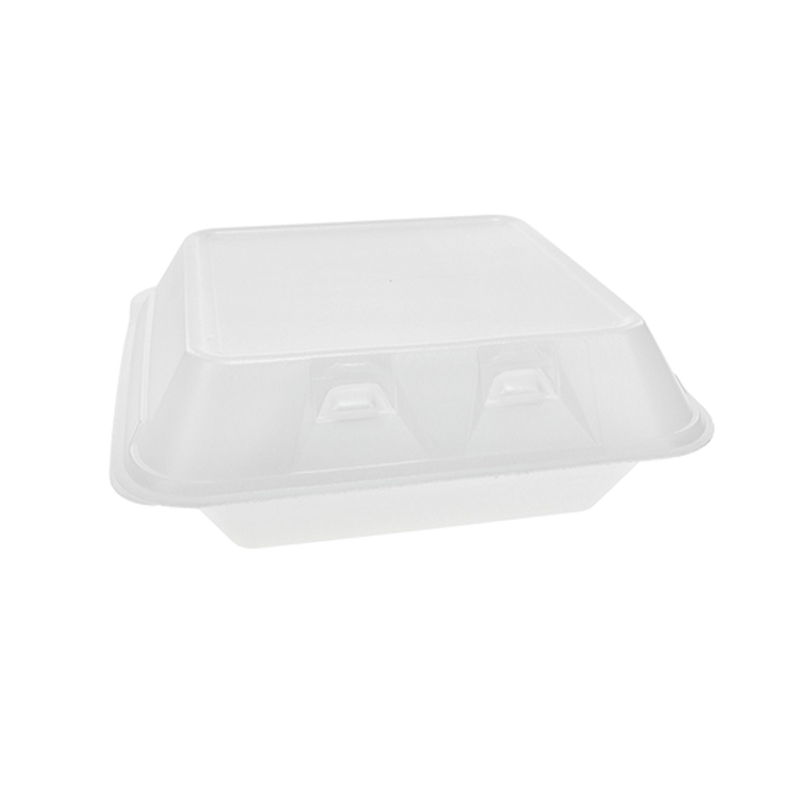 8" x 8" PS Foam SmartLock White 3-Compartment Hinged Takeout Container - #YHLW08030000