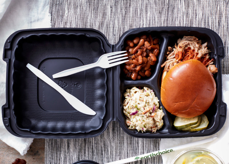 8" x 8" 3-Compartment Black MFPP Hinged Takeout Container - #YCNB08030000