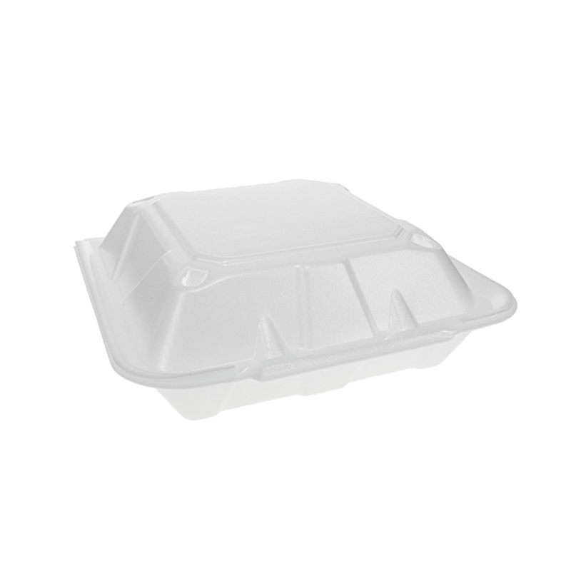 9" x 9" PS Foam 3-Compartment White Economy Hinged Takeout Container - #YTD19903ECON