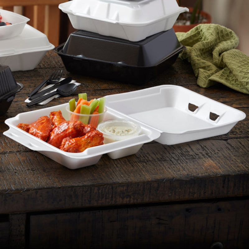 9" x 9" PS Foam 3-Compartment White Economy Hinged Takeout Container - #YTD19903ECON